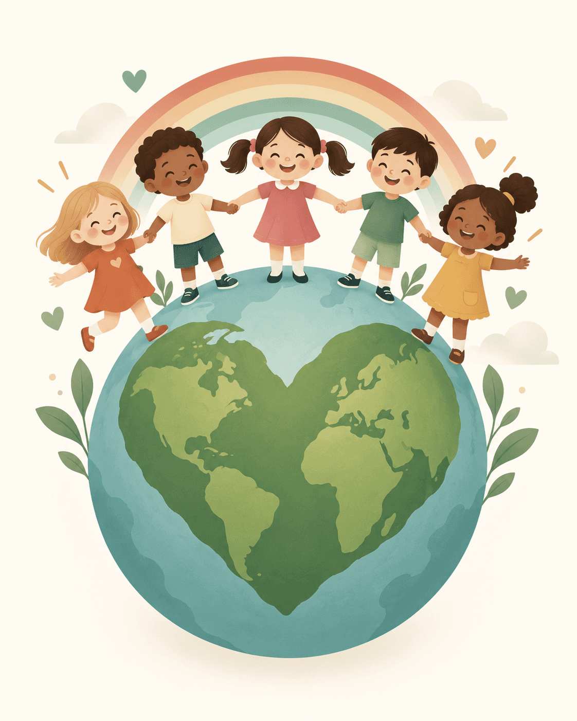 Illustratie van kinderen rond een hartvormige aarde met regenboog